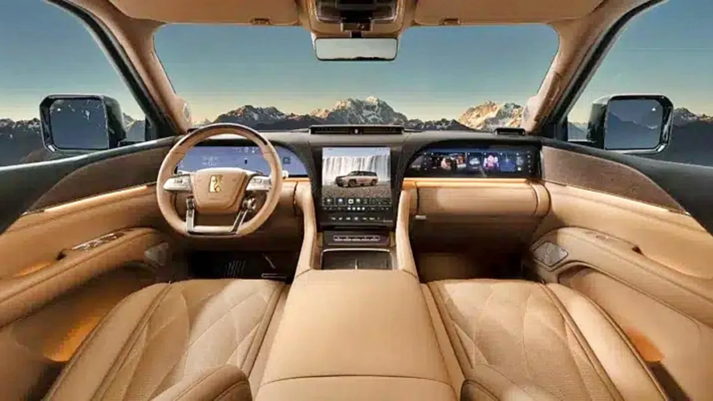 The cockpit blends digital screens, premium materials, and exceptional finishes. Wood, leather, aluminum: not a single plastic detail is visible inside this ultra-luxury SUV. © BYD
