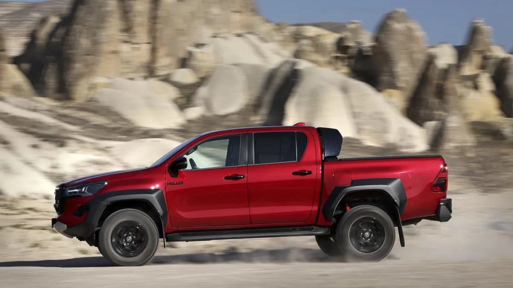 With its wider tracks, all-terrain tires and reinforced suspension, the Hilux GR Sport is built for off-road adventure